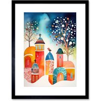 Artery8 Wall Art Print Winter Churchyard Snowfall Trees Folk Artwork Framed 9X7 Inch in Black | Size: W7" x H9"
