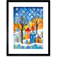 Artery8 Wall Art Print Abstract Winter Snowfall Folk Artwork Framed 9X7 Inch in Black | Size: W7" x H9"