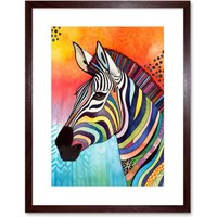 Artery8 Wall Art Print Zebra Folk Art Bright Multicoloured Artwork Framed 9X7 Inch in Brown | Size: W7" x H9"