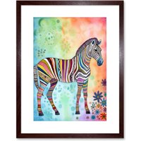 Artery8 Wall Art Print Rainbow Floral Zebra Folk Artwork Framed 9X7 Inch in Brown | Size: W7" x H9"