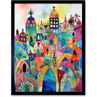 Artery8 Wall Art Print Cityscape Abstract Folk Art Vibrant Multicoloured Watercolour Painting Art Framed in Black | Size: W12" x H16"