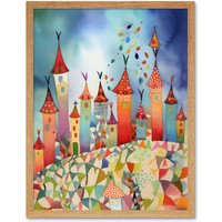 Artery8 Wall Art Print Celebration Day Cityscape Processional Street Folk Art Watercolour Painting Art Framed in Light Oak | Size: W12" x H16"