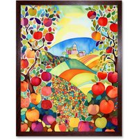 Artery8 Wall Art Print Apple Tree Orchard Fields In Summer Folk Art Landscape Watercolour Painting Art Framed in Brown | Size: W12" x H16"