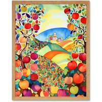 Artery8 Wall Art Print Apple Tree Orchard Fields In Summer Folk Art Landscape Watercolour Painting Art Framed in Light Oak | Size: W12" x H16"