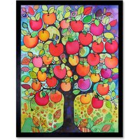 Artery8 Wall Art Print Apple Tree Folk Art Bright Watercolour Painting Art Framed in Black | Size: W12" x H16"