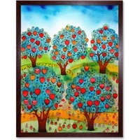 Artery8 Wall Art Print Apple Orchard Trees Ready For Harvest Folk Art Landscape Watercolour Painting Art Framed in Brown | Size: W12" x H16"