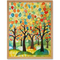 Artery8 Wall Art Print Apple Tree Orchard Abstract Folk Art Landscape Watercolour Painting Art Framed in Light Oak | Size: W12" x H16"