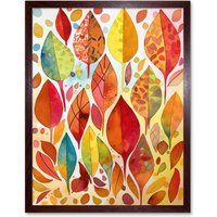 Artery8 Wall Art Print Autumn Leaves With Multicoloured Patterns Folk Art Watercolour Painting Art Framed in Brown | Size: W12" x H16"
