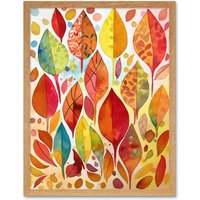 Artery8 Wall Art Print Autumn Leaves With Multicoloured Patterns Folk Art Watercolour Painting Art Framed in Light Oak | Size: W12" x H16"