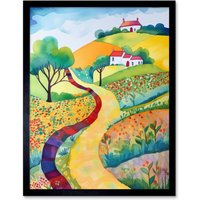Artery8 Wall Art Print Countryside Path In Spring Folk Art Landscape Watercolour Painting Art Framed in Black | Size: W12" x H16"