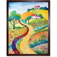 Artery8 Wall Art Print Countryside Path In Spring Folk Art Landscape Watercolour Painting Art Framed in Brown | Size: W12" x H16"