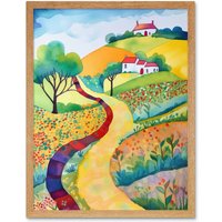 Artery8 Wall Art Print Countryside Path In Spring Folk Art Landscape Watercolour Painting Art Framed in Light Oak | Size: W12" x H16"