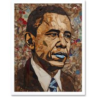 Artery8 Wall Art Print Barack Obama Collage Art Portrait Art Framed in White | Size: W12" x H16"