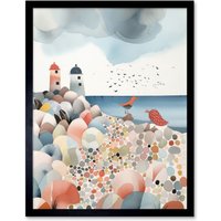 Artery8 Wall Art Print Lighthouses On Multicoloured Pebble Beach Watercolour Painting Art Framed in Black | Size: W12" x H16"
