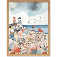 Artery8 Wall Art Print Lighthouses On Multicoloured Pebble Beach Watercolour Painting Art Framed in Light Oak | Size: W12" x H16"
