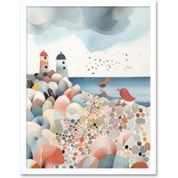 Artery8 Wall Art Print Lighthouses On Multicoloured Pebble Beach Watercolour Painting Art Framed in White | Size: W12" x H16"