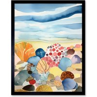 Artery8 Wall Art Print Seaside Beachcombing Colourful Seashells & Beach Pebbles Watercolour Painting Art Framed in Black | Size: W12" x H16"