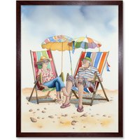 Artery8 Wall Art Print Elderly Couple Enjoying A Summer Beach Day Watercolour Art Framed in Brown | Size: W12" x H16"