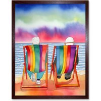 Artery8 Wall Art Print Elderly Couple Sitting At The Beach Looking At The Sunset Sky Watercolour Art Framed in Brown | Size: W12" x H16"