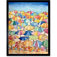 Artery8 Wall Art Print Summer At The Seaside With Colourful Beach Umbrellas On The Sand Watercolour Painting Art Framed in Black | Size: W12" x H16"