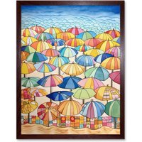 Artery8 Wall Art Print Summer At The Seaside With Colourful Beach Umbrellas On The Sand Watercolour Painting Art Framed in Brown | Size: W12" x H16"