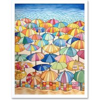 Artery8 Wall Art Print Summer At The Seaside With Colourful Beach Umbrellas On The Sand Watercolour Painting Art Framed in White | Size: W12" x H16"