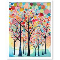 Artery8 Wall Art Print Colourful Trees Blooming In Spring Folk Art Watercolour Painting Art Framed in White | Size: W12" x H16"