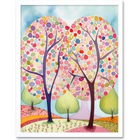 Artery8 Wall Art Print Two Trees Blooming In Spring Folk Art Watercolour Painting Art Framed in White | Size: W12" x H16"