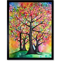 Artery8 Wall Art Print Vibrant Blossoming Trees In Spring Folk Art Watercolour Painting Art Framed in Black | Size: W12" x H16"