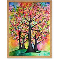 Artery8 Wall Art Print Vibrant Blossoming Trees In Spring Folk Art Watercolour Painting Art Framed in Light Oak | Size: W12" x H16"