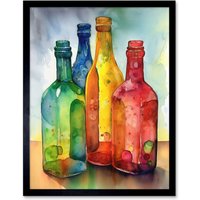 Artery8 Wall Art Print Coloured Glass Cider Bottles Still Life Watercolour Painting Art Framed in Black | Size: W12" x H16"