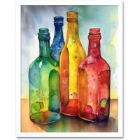 Artery8 Wall Art Print Coloured Glass Cider Bottles Still Life Watercolour Painting Art Framed in White | Size: W12" x H16"