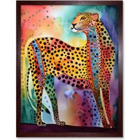 Artery8 Wall Art Print Colourful Cheetah Folk Art Watercolour Painting Art Framed in Brown | Size: W12" x H16"