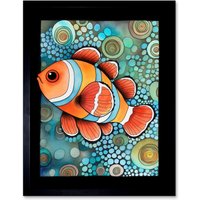 Artery8 Wall Art Print Clownfish In Coral Patterns Folk Art Watercolour Painting Art Framed in Black | Size: W12" x H16"