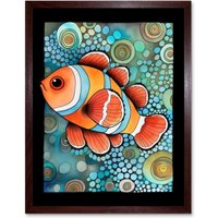 Artery8 Wall Art Print Clownfish In Coral Patterns Folk Art Watercolour Painting Art Framed in Brown | Size: W12" x H16"