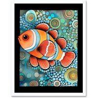 Artery8 Wall Art Print Clownfish In Coral Patterns Folk Art Watercolour Painting Art Framed in White | Size: W12" x H16"