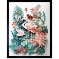 Artery8 Wall Art Print Tropical Plants & Birds Multi-Dimensional Paper Kirigami Art Framed in Black | Size: W12" x H16"