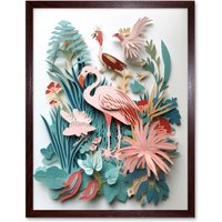 Artery8 Wall Art Print Tropical Plants & Birds Multi-Dimensional Paper Kirigami Art Framed in Brown | Size: W12" x H16"