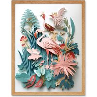 Artery8 Wall Art Print Tropical Plants & Birds Multi-Dimensional Paper Kirigami Art Framed in Light Oak | Size: W12" x H16"