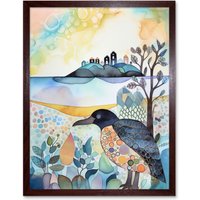 Artery8 Wall Art Print Coastal Island Wildlife Folk Art Watercolour Painting Art Framed in Brown | Size: W12" x H16"