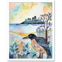 Artery8 Wall Art Print Coastal Island Wildlife Folk Art Watercolour Painting Art Framed in White | Size: W12" x H16"