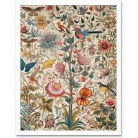 Artery8 Wall Art Print Butterflies & Flower Plants Pattern Folk Art Watercolour Painting Art Framed in White | Size: W12" x H16"