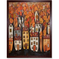 Artery8 Wall Art Print Cityscape With Trees In Autumn Contemporary Folk Art Painting Art Framed in Brown | Size: W12" x H16"