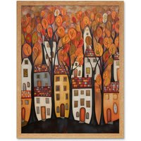 Artery8 Wall Art Print Cityscape With Trees In Autumn Contemporary Folk Art Painting Art Framed in Light Oak | Size: W12" x H16"