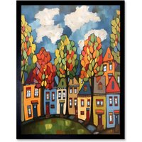 Artery8 Wall Art Print Multicoloured Row Of Houses With Autumn Trees Contemporary Folk Art Painting Art Framed in Black | Size: W12" x H16"