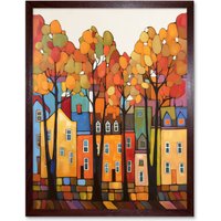 Artery8 Wall Art Print Multicoloured House Street In Autumn Contemporary Folk Art Painting Art Framed in Brown | Size: W12" x H16"