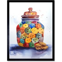 Artery8 Wall Art Print Cookie Jar Folk Art Watercolour Painting Art Framed in Black | Size: W12" x H16"