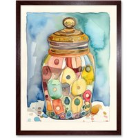 Artery8 Wall Art Print Glass Cookie Jar With Sweets Folk Art Watercolour Painting Art Framed in Brown | Size: W12" x H16"