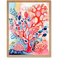 Artery8 Wall Art Print Pink & Blue Coral Folk Art Watercolour Painting Art Framed in Light Oak | Size: W12" x H16"