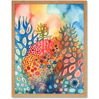 Artery8 Wall Art Print Coral Reef Folk Art Watercolour Painting Art Framed in Light Oak | Size: W12" x H16"
